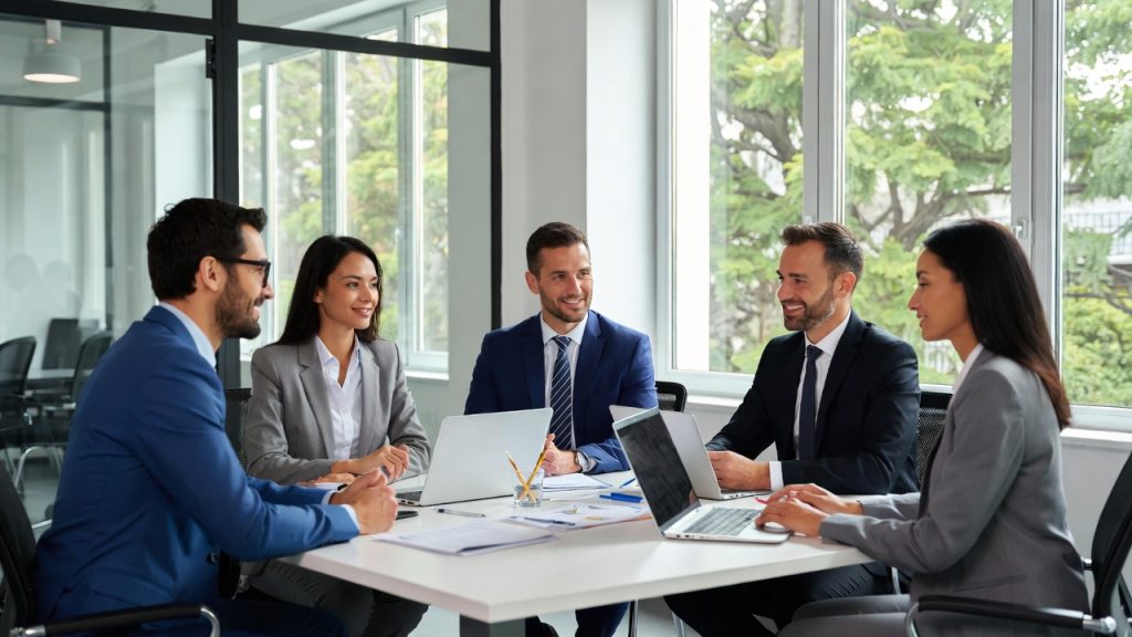 Professionals in an international business meeting communicating in English