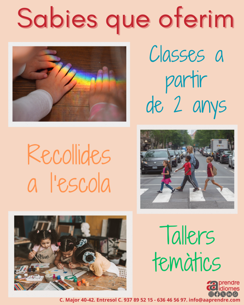 Promotional poster for a language academy announcing: “Did you know we offer classes from age 2,” “School pick-up service,” and “Themed workshops.” The image features photos of children playing with rainbow light, a mother crossing a street with two children, and three girls painting in a creative workshop. Contact information for Aaprendre Idiomes appears at the bottom.